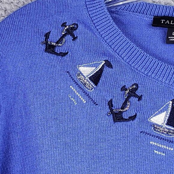 Talbots Sweater Women's Large Blue Sailboat Coastal Beach Pullover Cotton - Picture 5 of 8